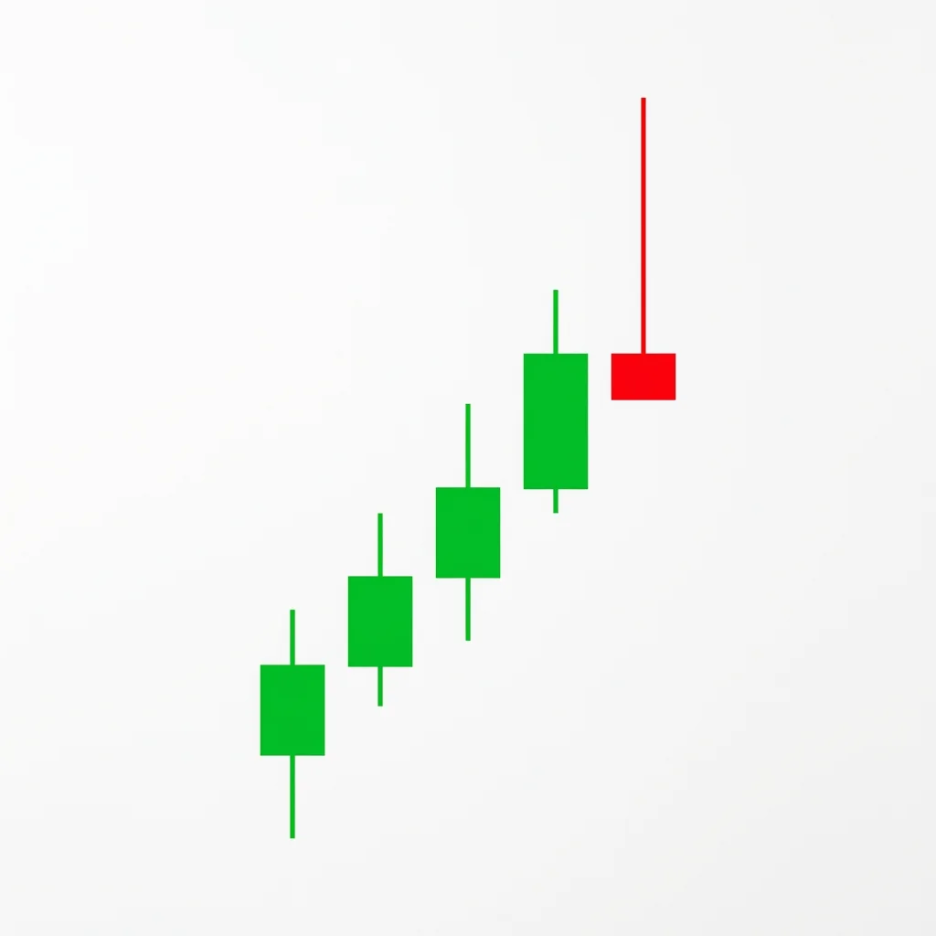 Shooting star candlestick pattern at the top of an uptrend with a long upper shadow and small body near the session low, indicating rejection of higher prices