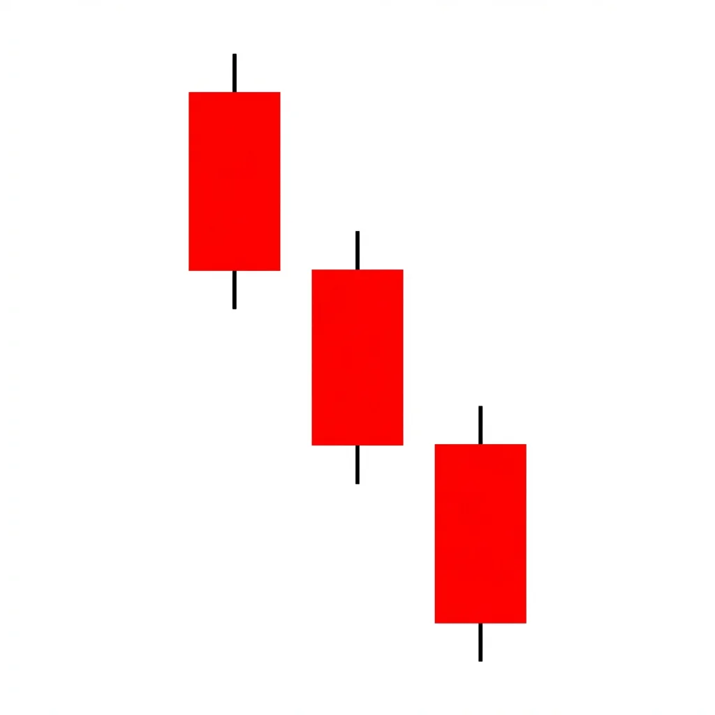 Three Black Crows bearish reversal pattern showing three consecutive long-bodied red candles each closing near their lows after an uptrend