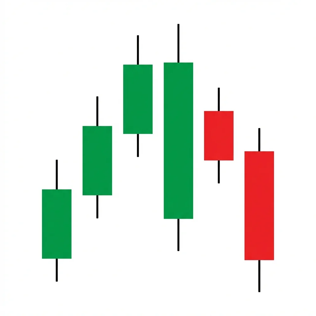 Three Inside Down bearish reversal pattern with a large bullish candle followed by a smaller bearish candle inside its body and a third bearish candle closing below the first candle low