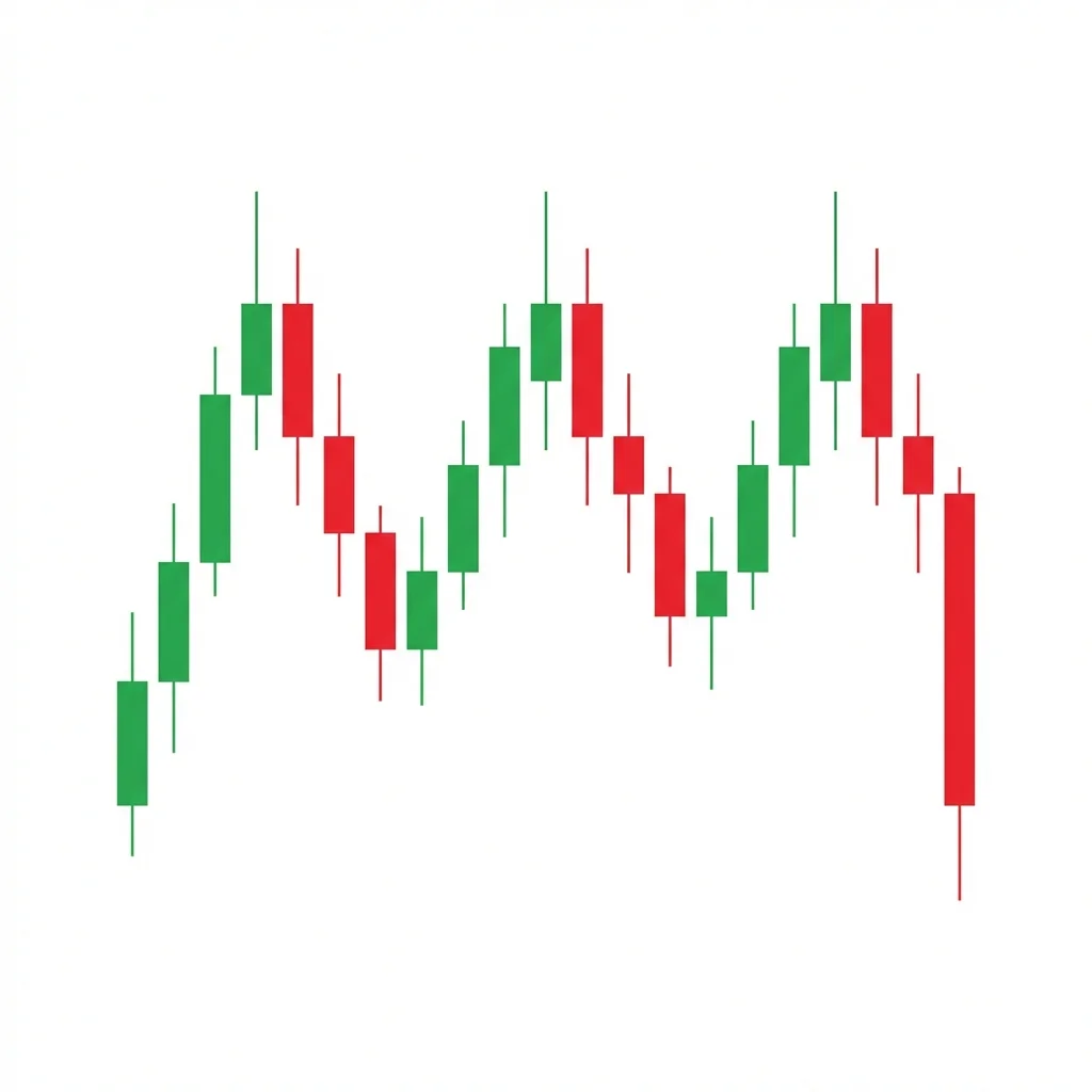 Triple top bearish reversal pattern showing three peaks at equal resistance level with two neckline troughs and measured move target below the breakdown point