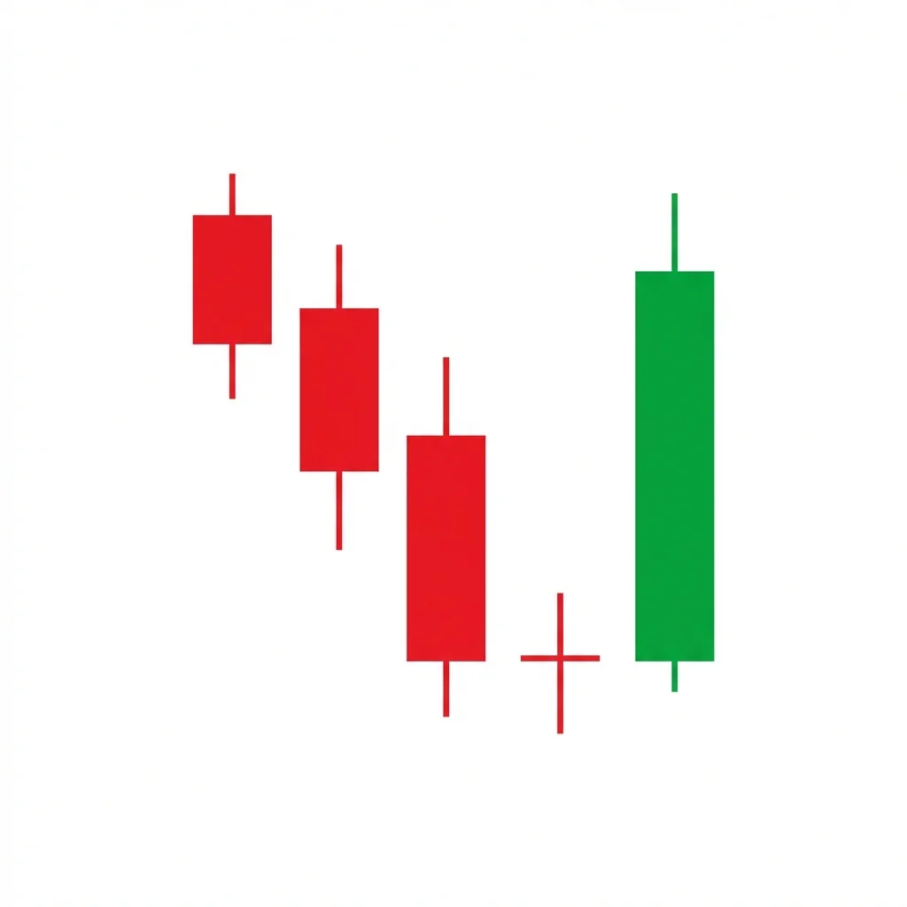 Bullish abandoned baby reversal pattern with a bearish candle, an isolated doji gapping below, and a bullish candle gapping above the doji