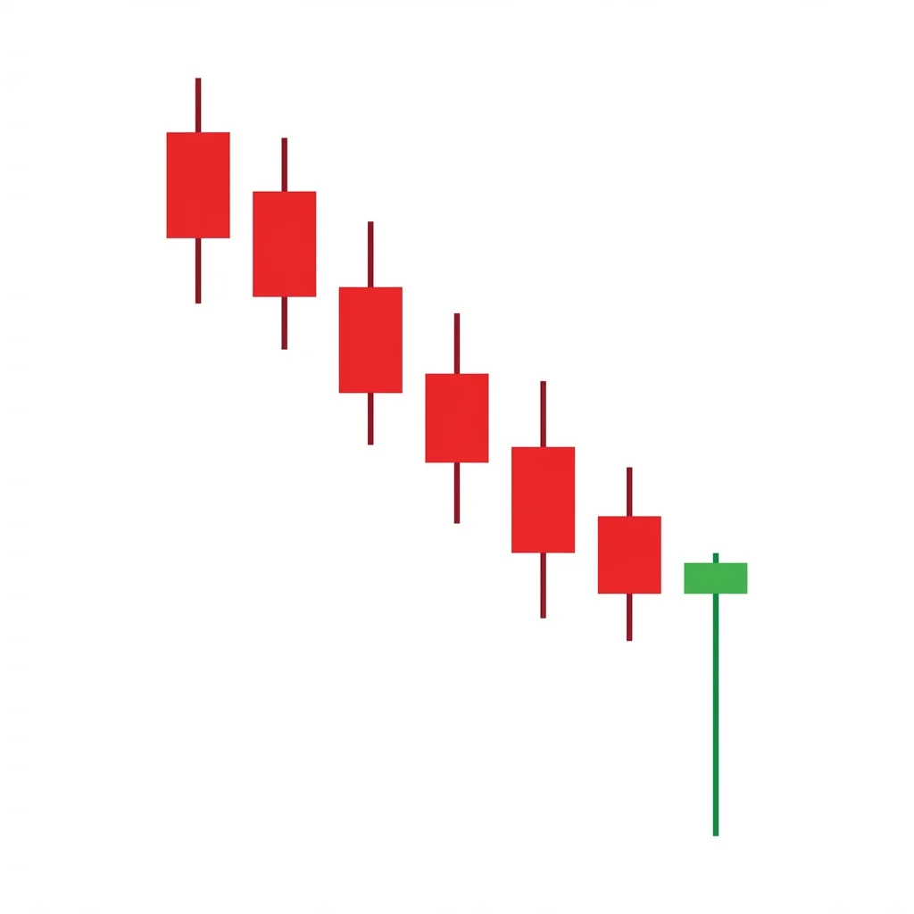 Dragonfly doji bullish reversal candlestick with open, high, and close at the same level and a long lower shadow showing complete buyer rejection of lower prices