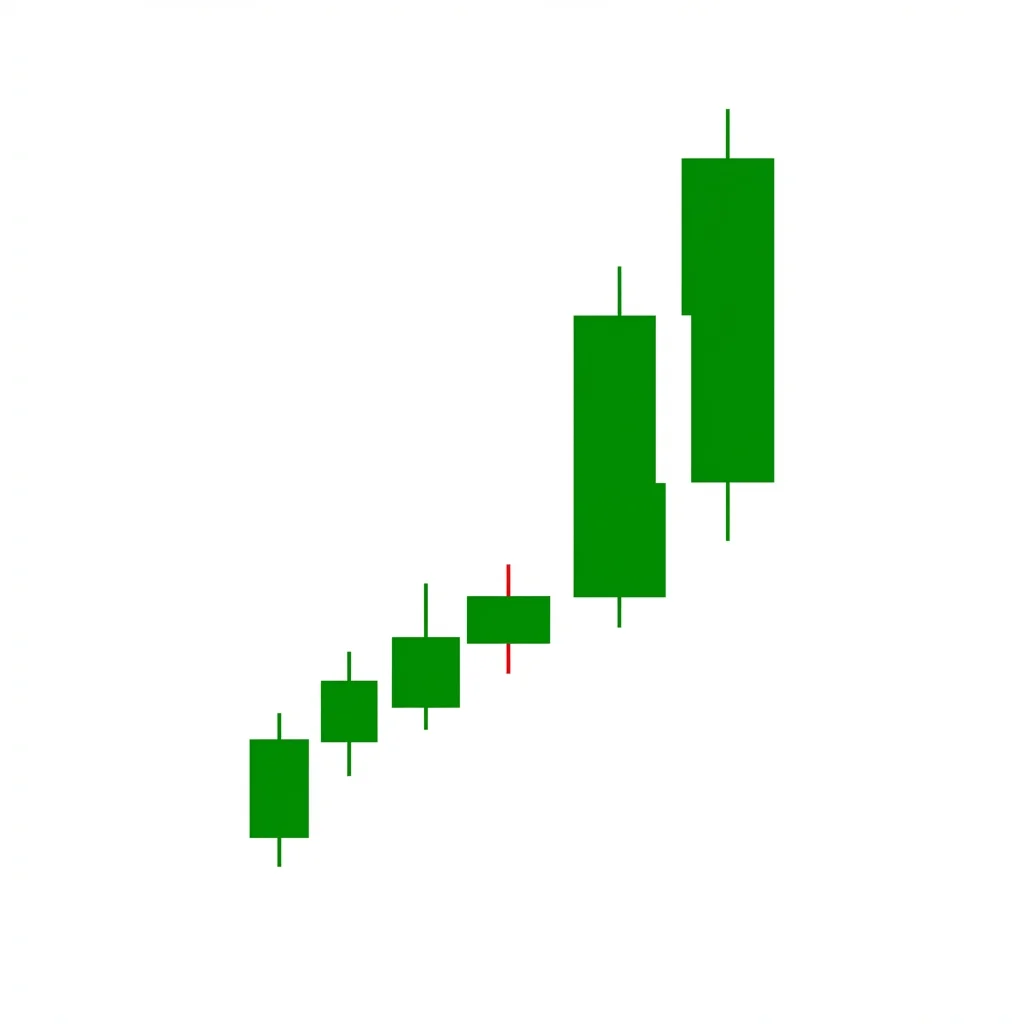 Bullish gap momentum pattern showing multiple consecutive gap ups with expanding volume as strong institutional buying drives sustained upward displacement