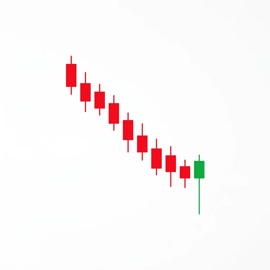 Hammer candlestick pattern with a small body at the top and a long lower shadow showing buyer rejection of lower prices during a downtrend