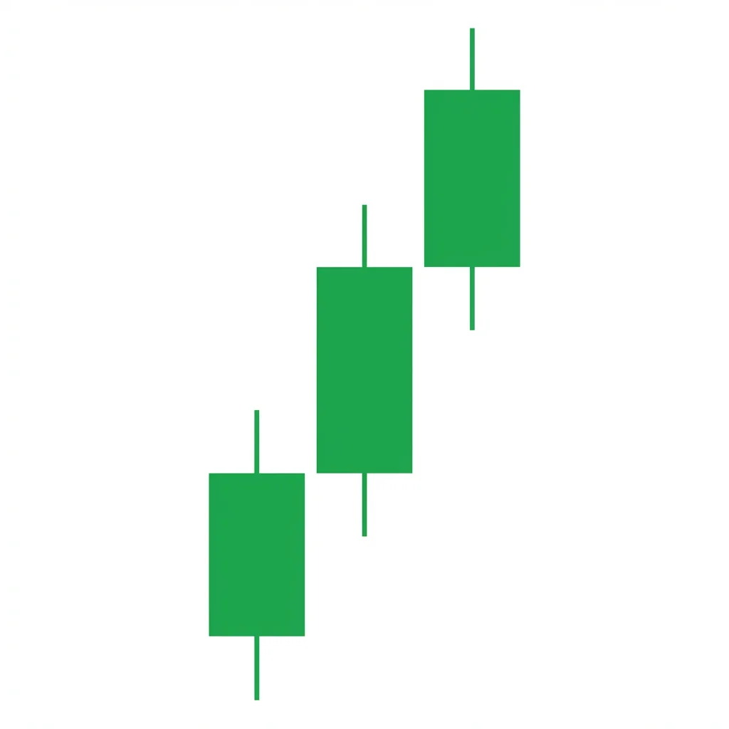 Identical Three Whites bullish pattern showing three consecutive bullish candles where each opens at or near the previous candle close, creating a staircase advance