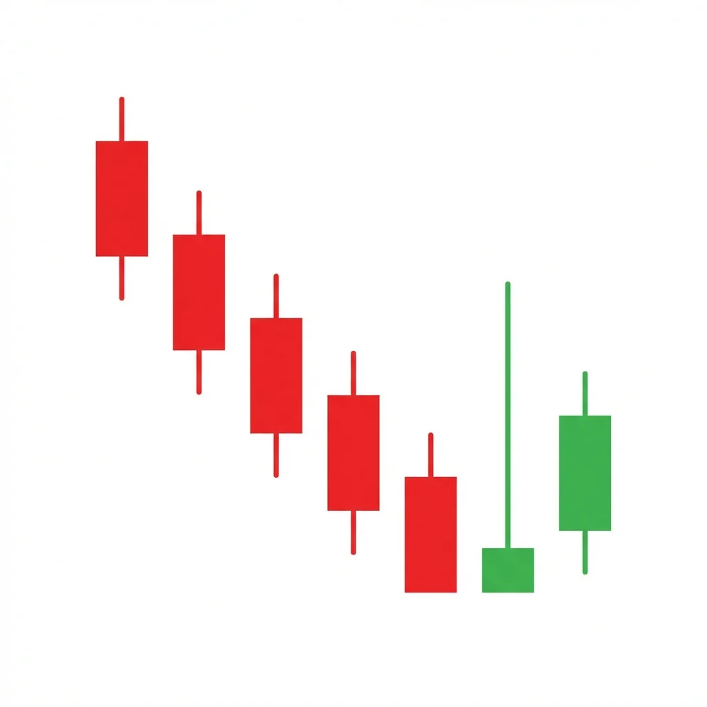 Inverted hammer bullish reversal candlestick with a small body at the bottom and a long upper shadow showing initial buying pressure at the end of a downtrend