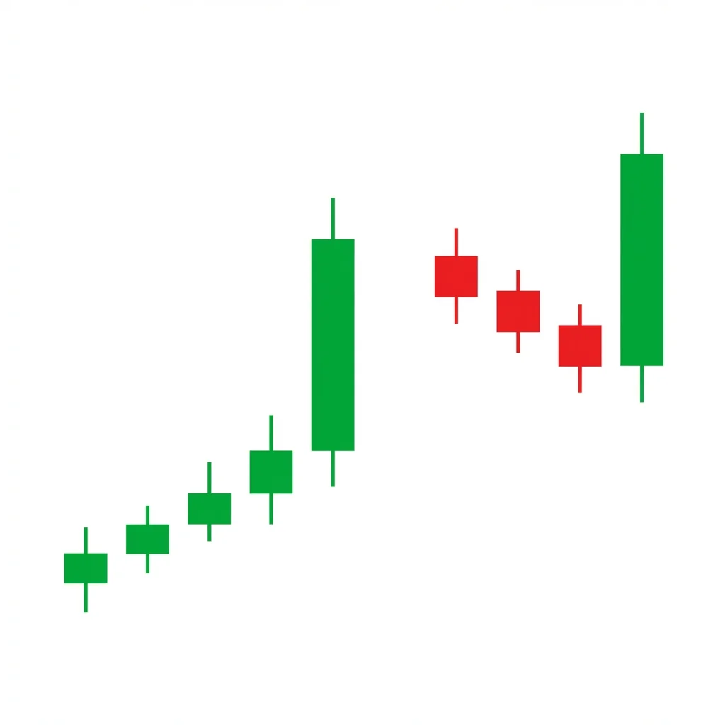 Bullish mat hold candlestick pattern showing a strong bullish candle followed by small bearish candles with upward drift and a final bullish candle resuming the trend
