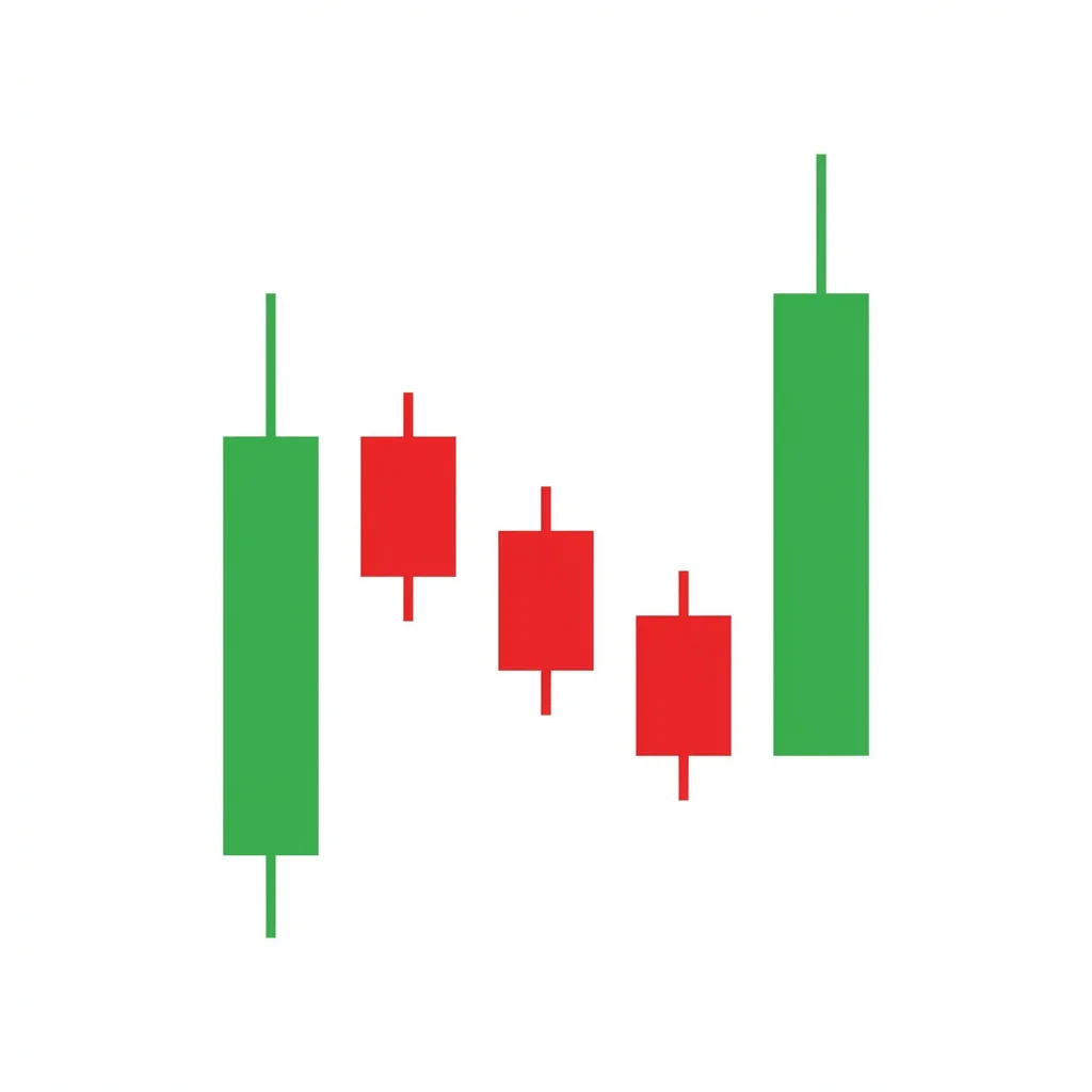 Rising three methods bullish continuation pattern showing a strong bullish candle followed by three small bearish candles and a final bullish breakout candle