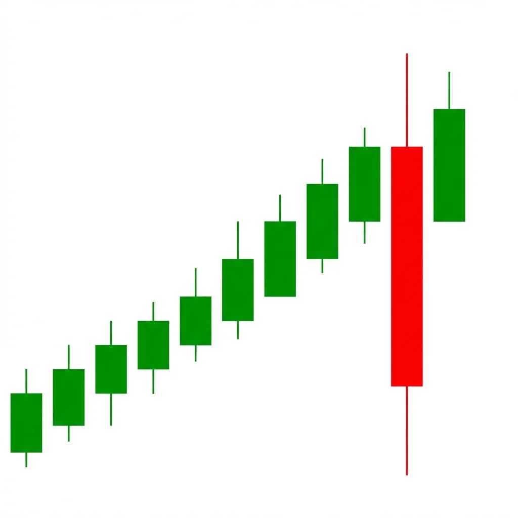 Bullish Three Line Strike continuation pattern showing three bullish candles followed by a single large bearish candle that opens above and closes below all three, resetting price for continuation higher