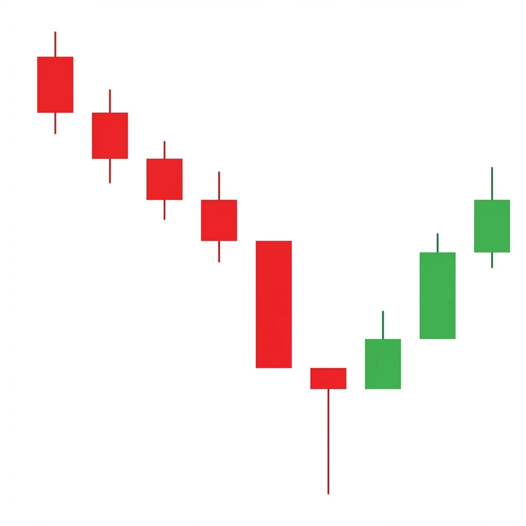 Unique Three River Bottom bullish reversal pattern with a long bearish candle, a harami candle with a long lower shadow, and a small bullish candle near the second candle close