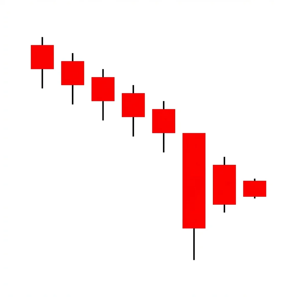 Three Stars South bullish reversal pattern showing three bearish candles with progressively smaller bodies and shorter lower shadows indicating diminishing selling pressure