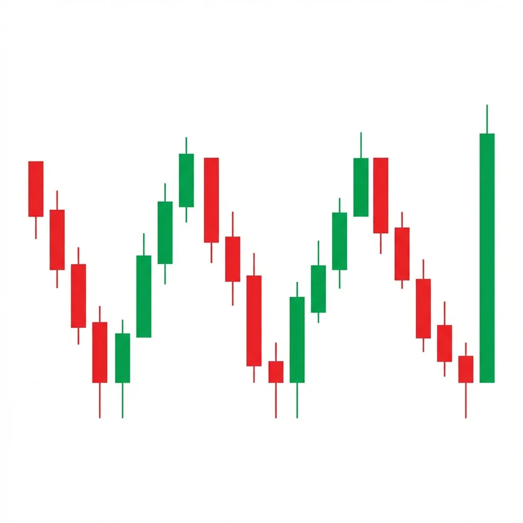 Triple bottom bullish reversal pattern showing three troughs at equal support level with two neckline peaks and measured move target above the breakout point
