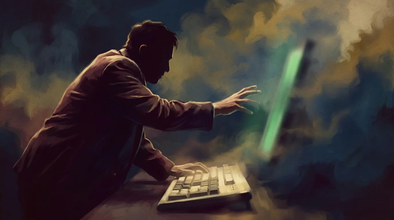 Painterly illustration of a trader lunging forward at a keyboard as a green candle accelerates past them into fog, their hand outstretched but just missing the move