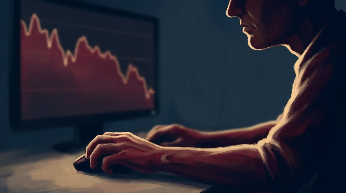 Painterly illustration of hands gripping a computer mouse in heavy shadow with a burgundy red loss chart glowing on a dim monitor and the silhouette of a clenched jaw