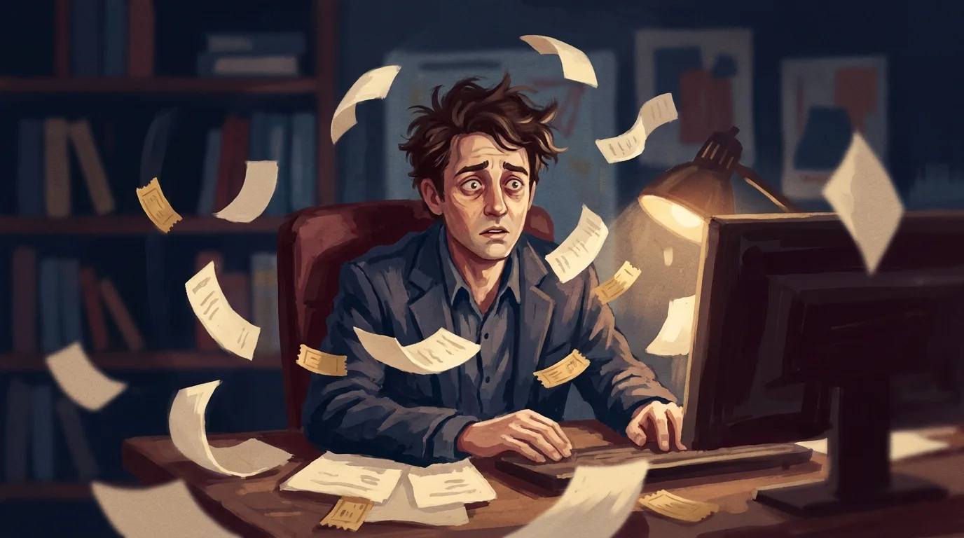 Painterly illustration of a trader at their desk visibly unraveling with wild hair and wide eyes surrounded by a whirling storm of floating order tickets spiraling around the monitors
