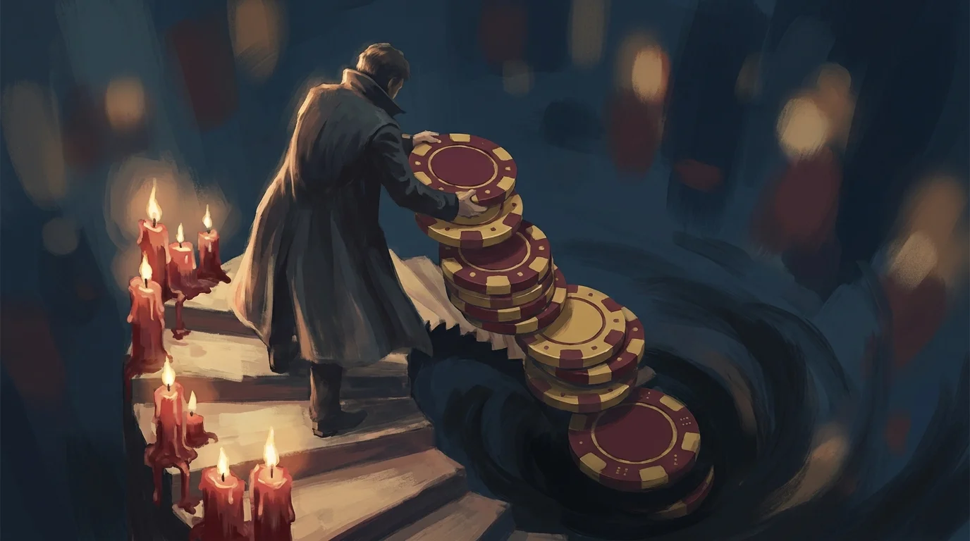 Painterly illustration of a lone trader stacking ever larger gold and burgundy poker chips down a descending staircase made of red candles vanishing into shadow below