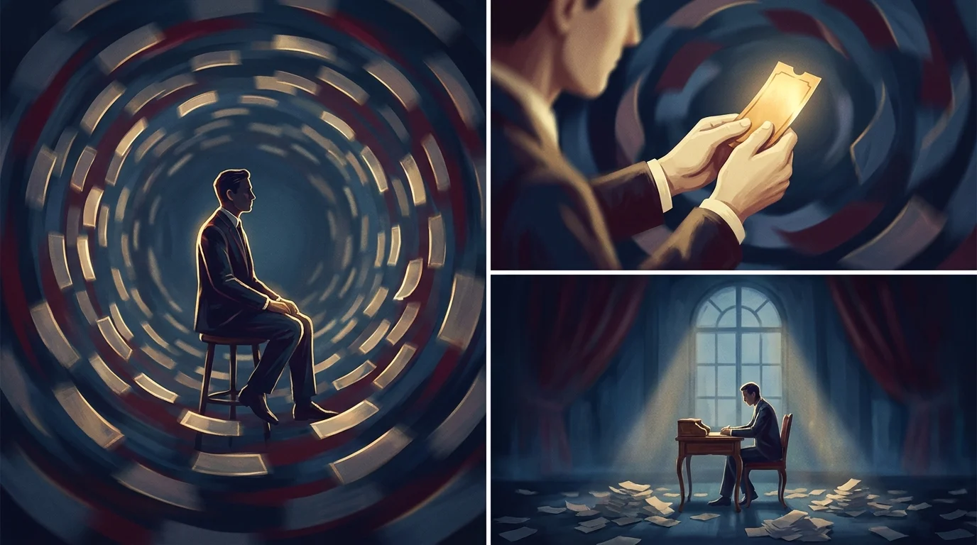 Painterly illustration of a solo trader sitting calmly at the eye of a swirling storm of trade tickets and flying order slips vortexing around them in the dim navy air