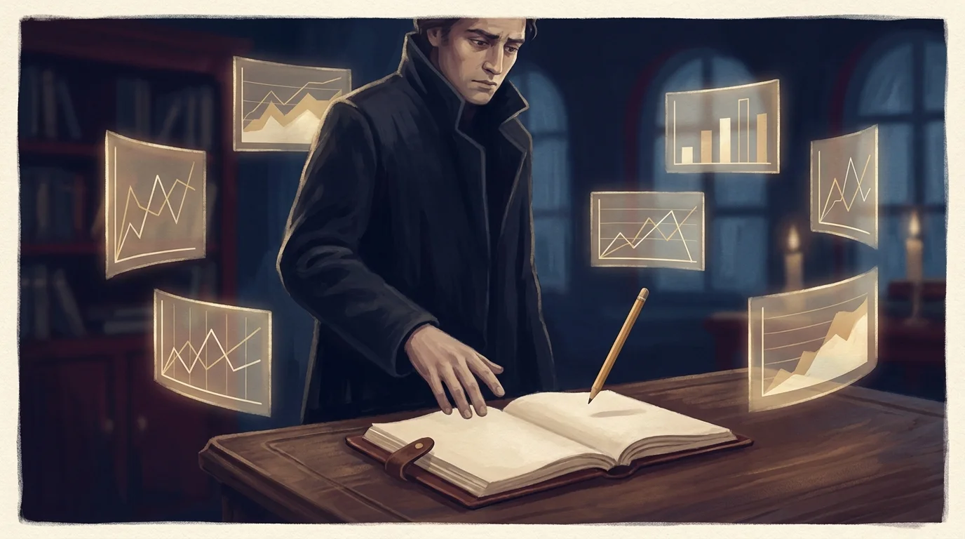 Painterly illustration of a trader frozen mid-decision surrounded by six floating translucent charts in the air with a pencil hovering over a completely blank leather notebook on the desk