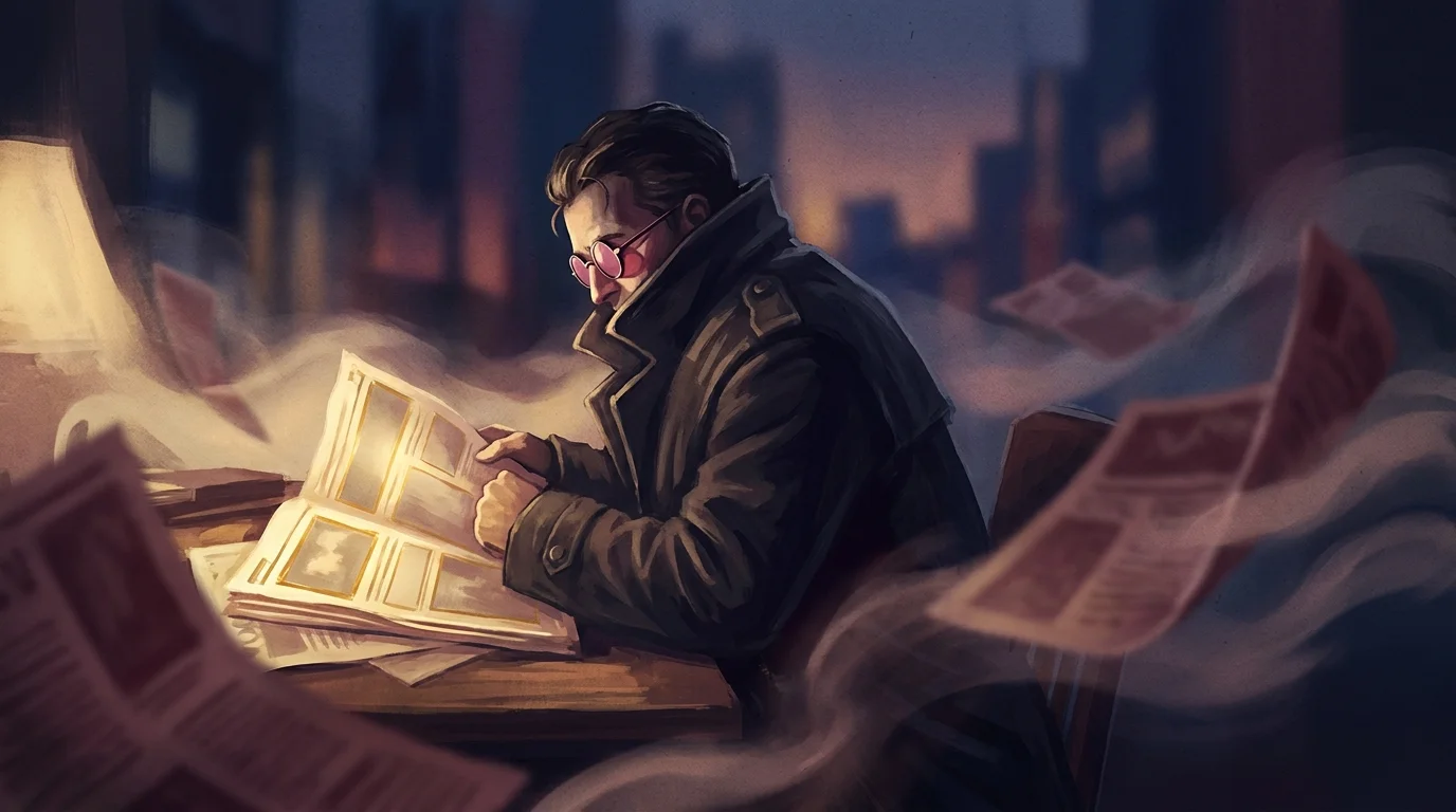 Painterly illustration of a trader wearing rose tinted round glasses with only bullish gold framed newspaper headlines appearing crisp and glowing while bearish burgundy headlines fade into mist around them