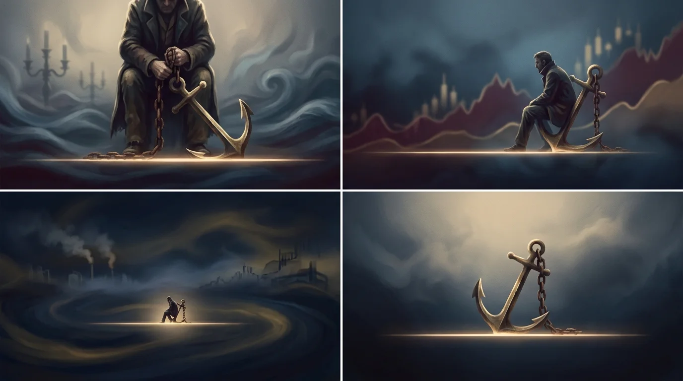 Painterly illustration of a trader chained by a thick rusted chain to an oversized brass anchor fixed on a single glowing horizontal price line while the market waves and candles drift away into the distant fog