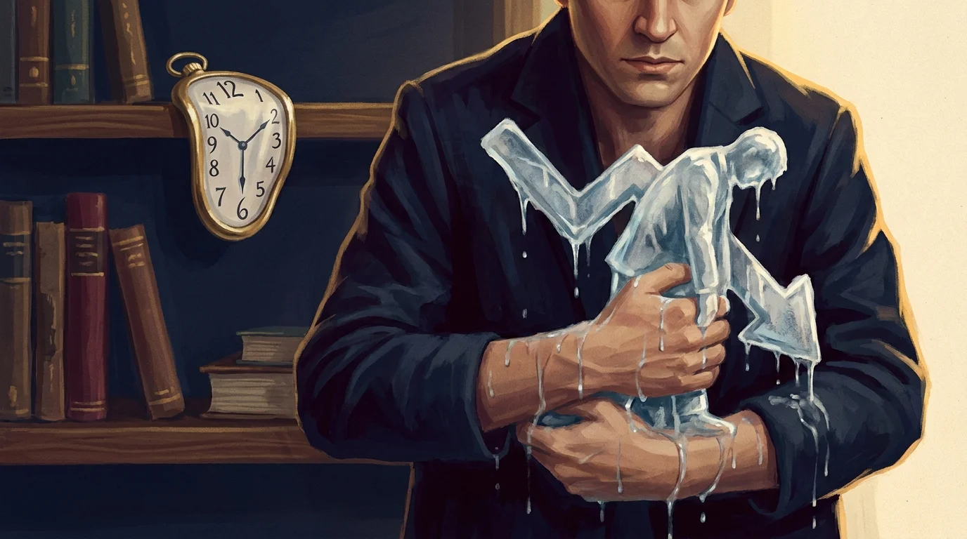Painterly illustration of a trader clutching a melting ice sculpture shaped like a losing position with water dripping down their arms and a Dali-esque pocket watch drooping and melting off a shelf behind them