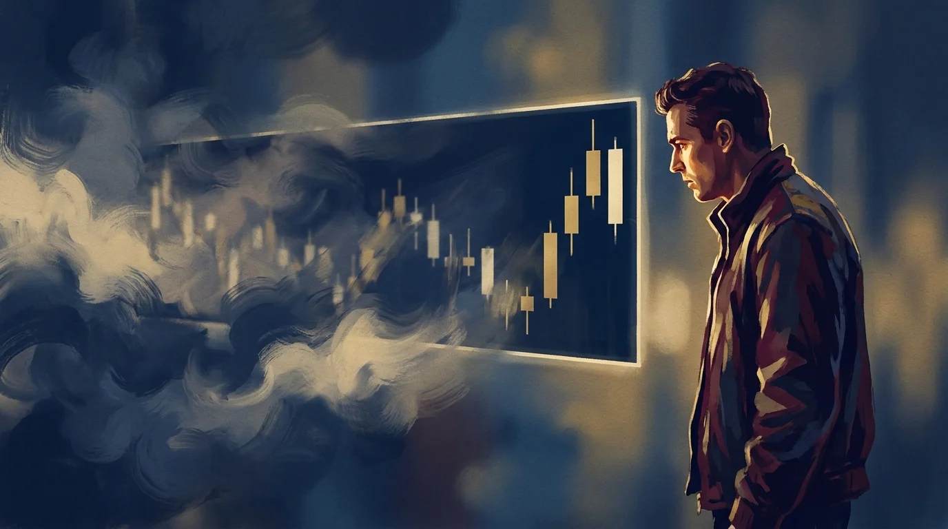 Painterly illustration of a trader staring intently at only the last three candles on the right edge of a long chart while the earlier history of the chart fades gradually into thick navy and cream mist on the left