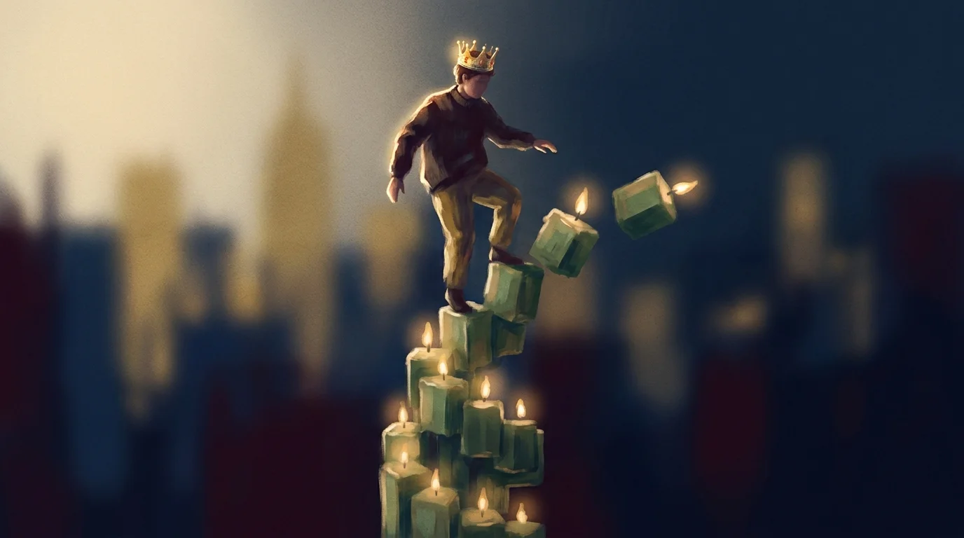 Painterly illustration of a trader in a tiny toy sized golden crown balanced atop a precariously tall tower of stacked green candle blocks that is visibly beginning to tip to one side
