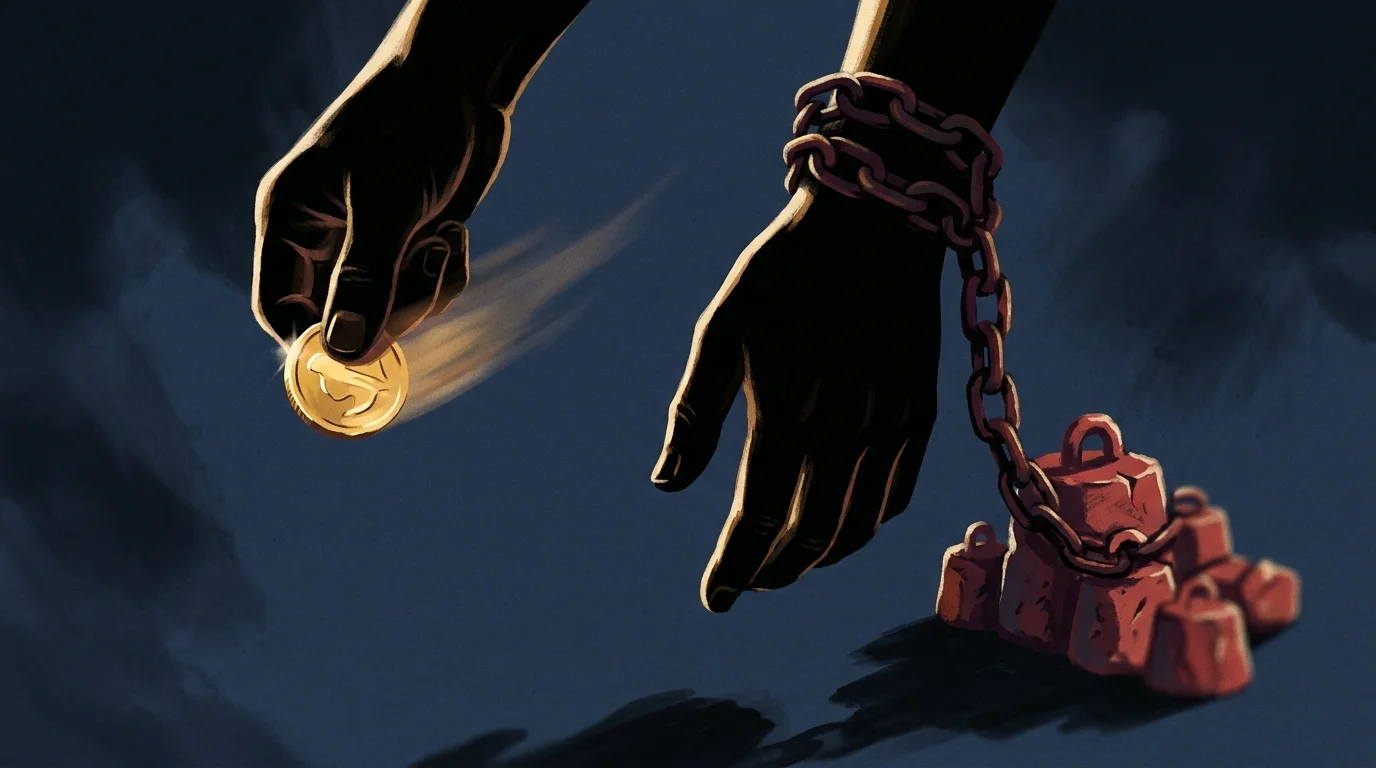 Painterly illustration of one hand gripping a tiny gold coin being snatched away quickly while the other hand hangs heavy weighed down by a large growing pile of red lead weights chained to the wrist