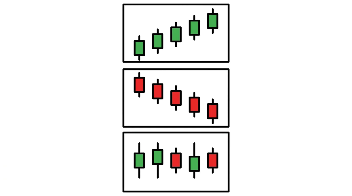 Minimalist diagram on white with three stacked horizontal mini-panels, each containing a short candlestick sequence: the top panel trends up in green, the middle panel drifts sideways, the bottom panel trends down in red — three correlated markets moving in three different directions