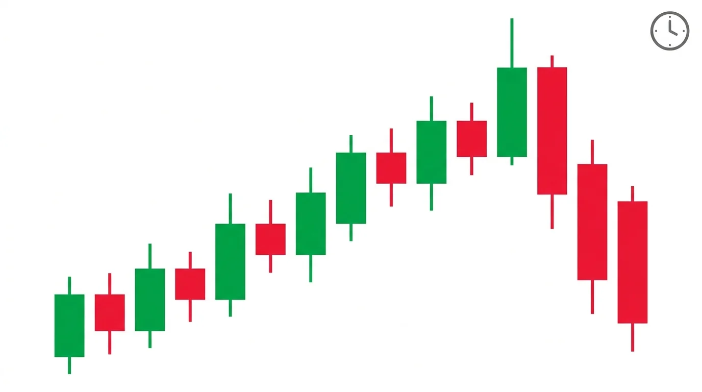 Clean candlestick diagram on white showing an intraday green uptrend that reverses sharply into red candles at the far right of the sequence, with a small clock icon tucked in the top-right corner of the frame — the end-of-session closing fade