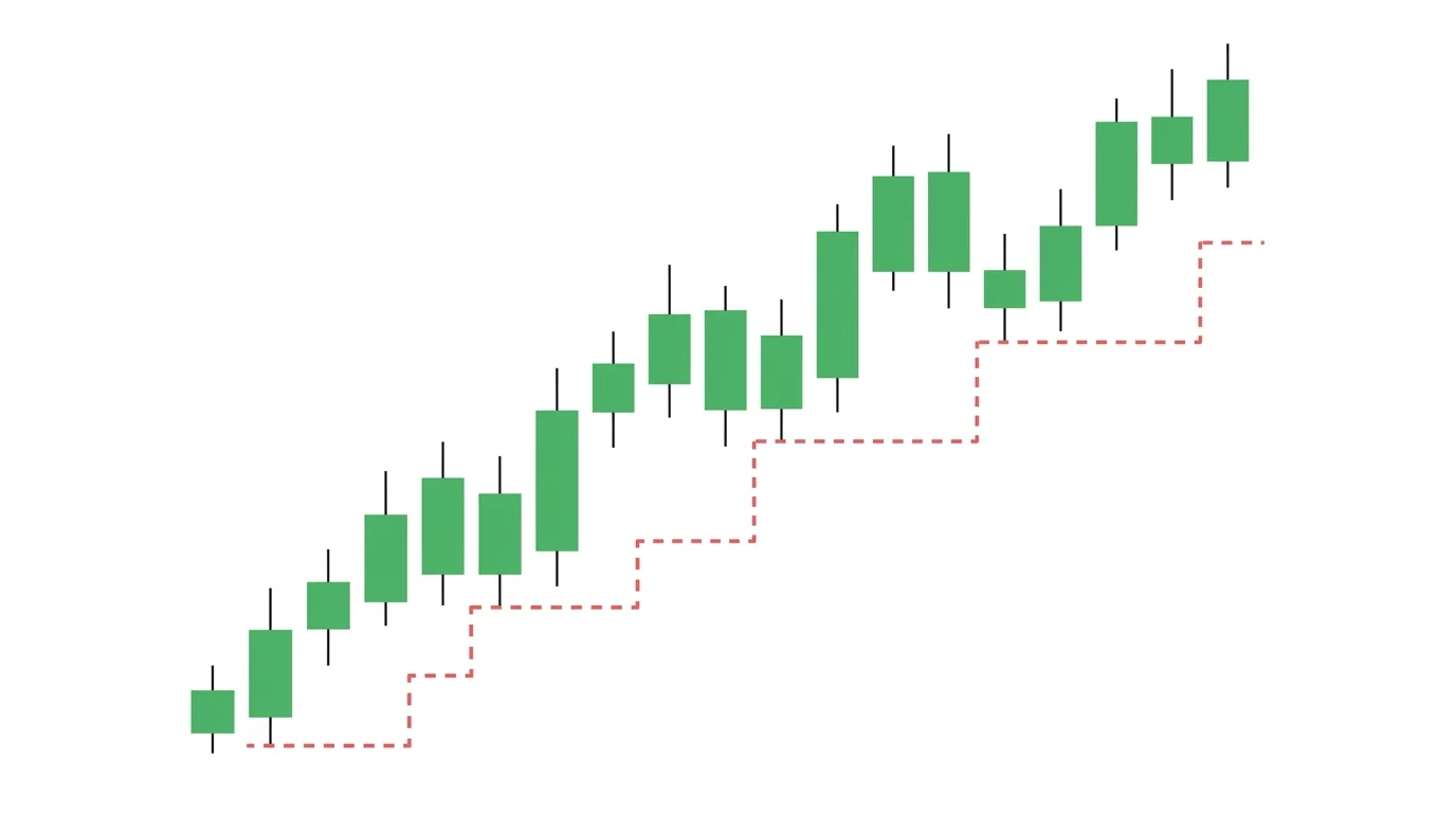 Chart diagram of an ATR-based trailing stop with a staircase of red stop levels following price upward at a fixed 2x ATR distance through a sustained uptrend, ratcheting higher but never retracing
