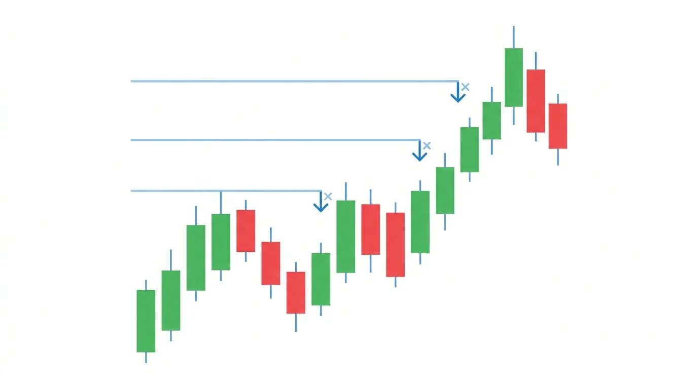 Chart diagram of scaling out at multiple targets with three horizontal green target lines at 1R, 2R, and 3R levels, each labelled with one-third of the position size, and the remaining runner trailed behind a sloping structural line