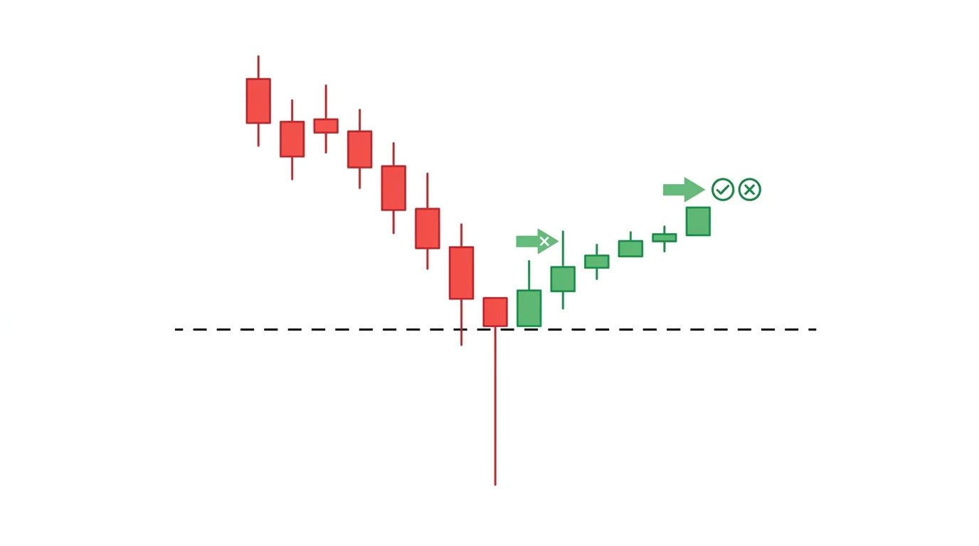 M5 chart diagram showing a classic pin bar candle with a long rejection wick sitting exactly at a horizontal key support level, with entry on the next candle open