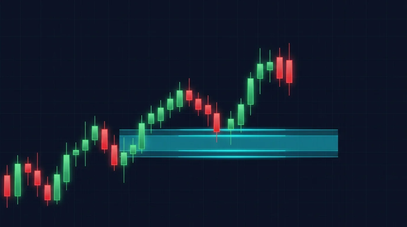 Stylized dark-navy trading chart diagram showing an ATR-based volatility stop band plotted a fixed multiple below price action