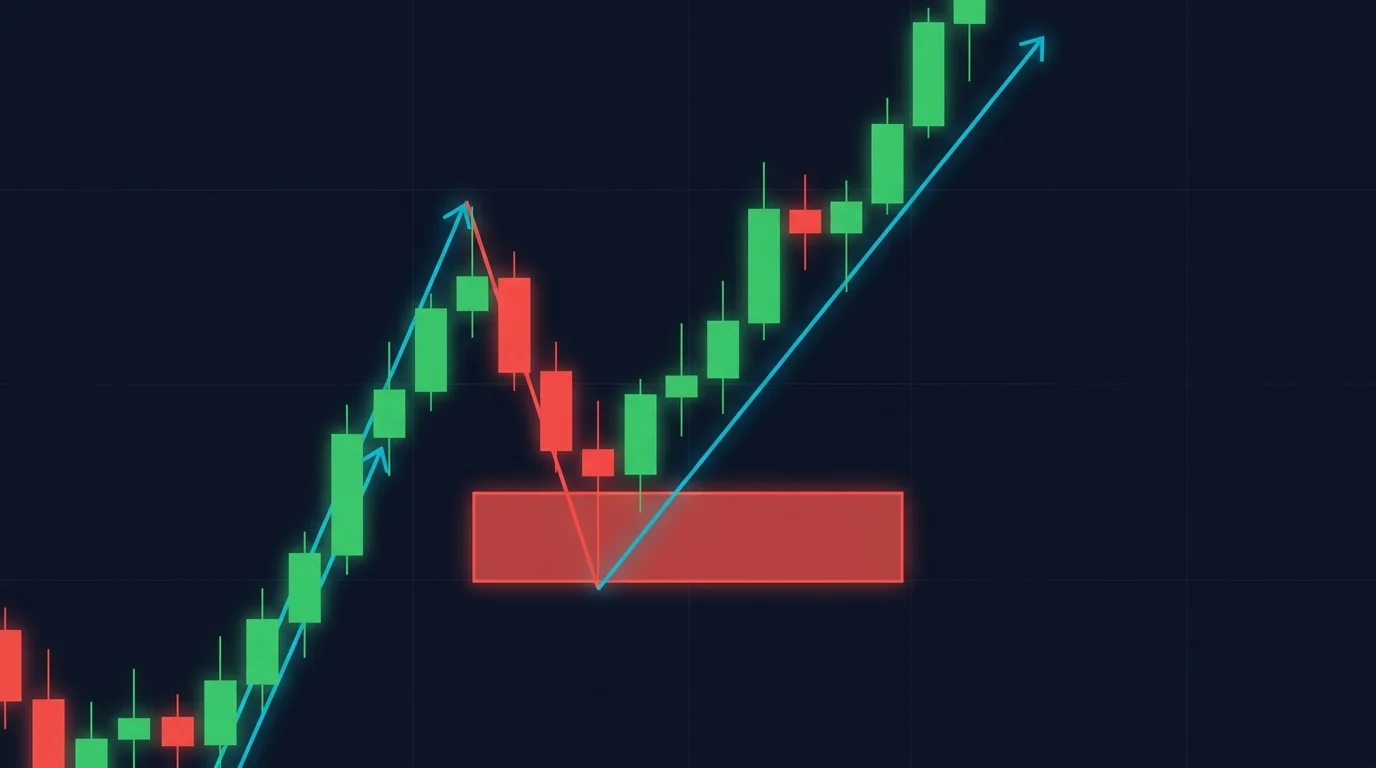 Dark-navy chart diagram showing a long entry on a pullback with the stop loss clearly placed just beyond the last swing low
