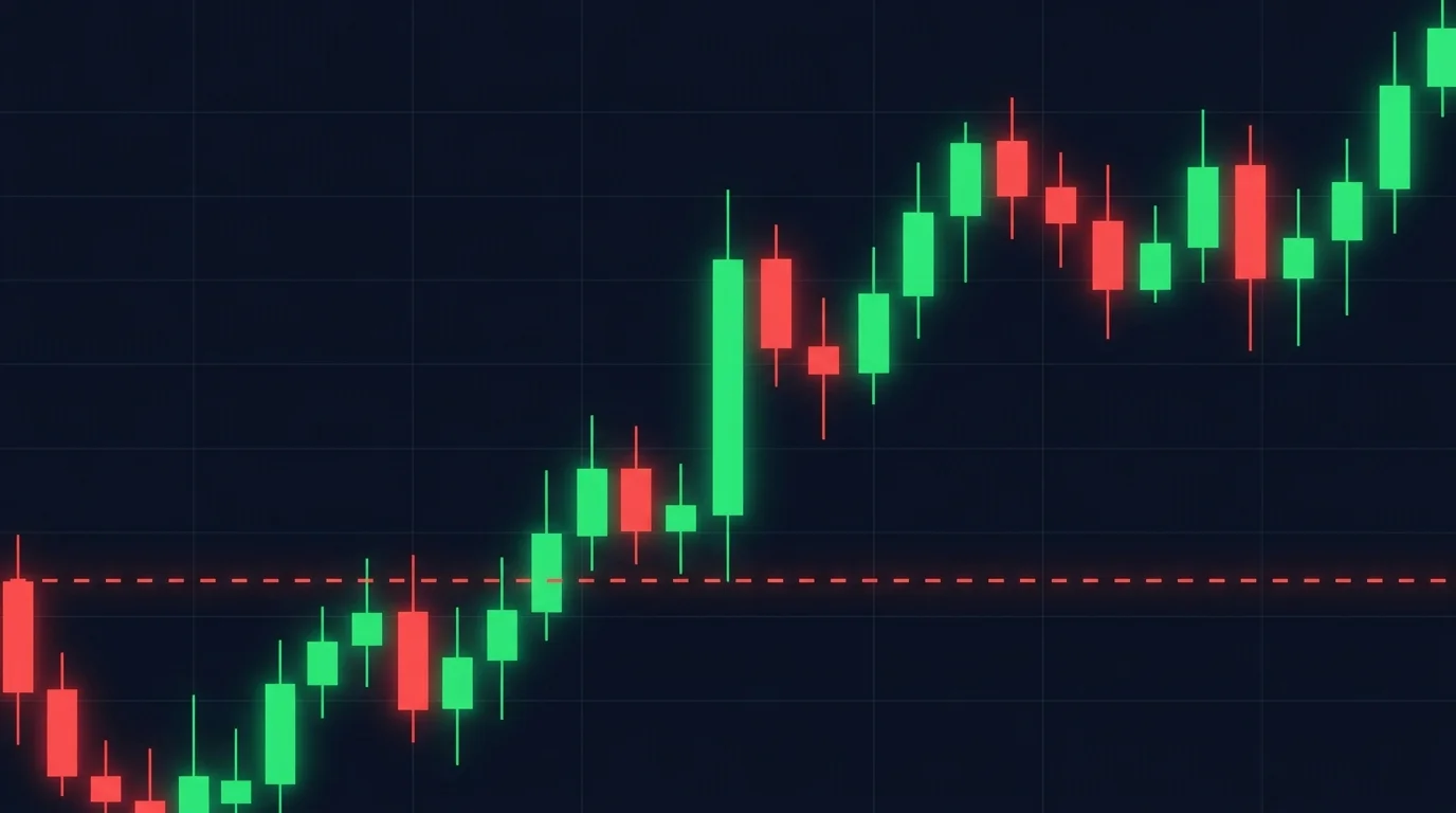 Dark-navy chart diagram showing a fixed percentage risk stop drawn as a horizontal dashed line a set distance below the entry price