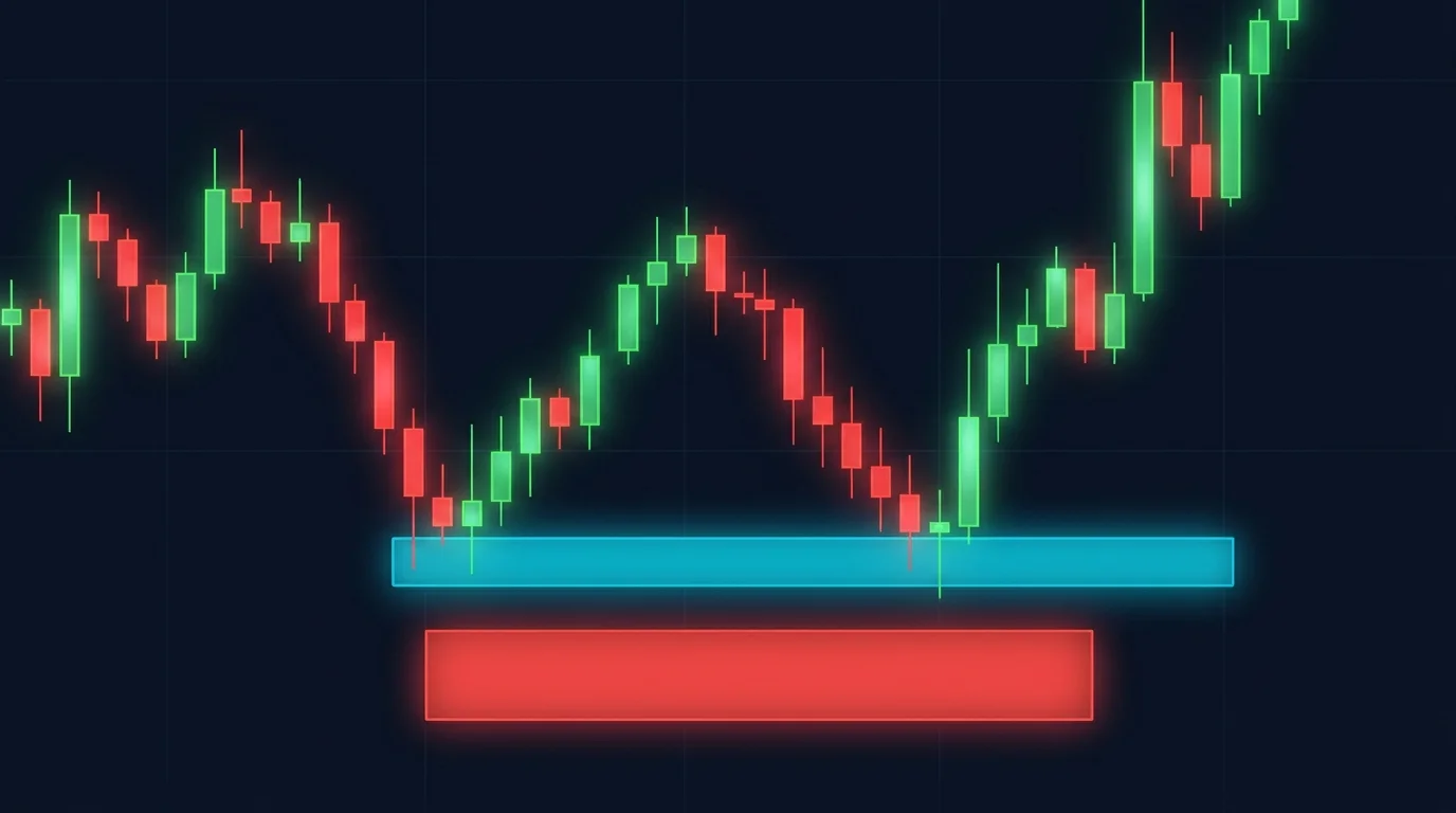 Dark-navy chart diagram showing two equal lows forming a liquidity pool with the stop loss placed a visible distance beyond the pool