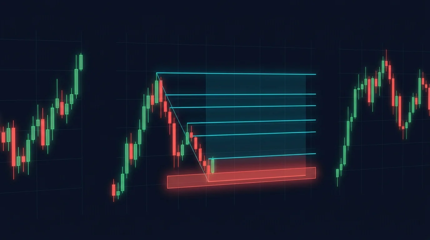 Dark-navy chart diagram showing Fibonacci retracement levels drawn on an impulse leg with the stop loss set just beyond the deepest 78.6 level