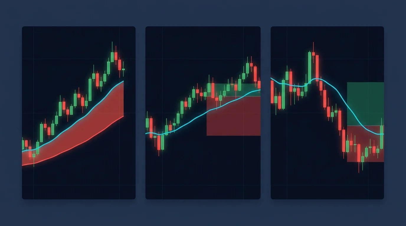 Dark-navy chart diagram showing a trailing stop line riding below a rising moving average as price trends higher