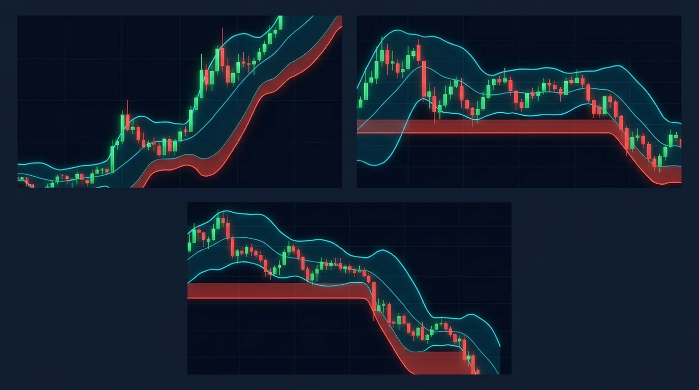 Dark-navy chart diagram showing Bollinger-style volatility envelope bands with a stop loss placed just outside the lower band