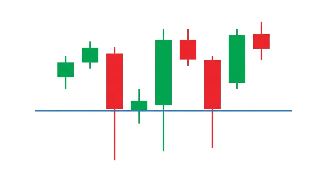 Three candlesticks rejecting a single horizontal resistance line at the top of the chart with long upper wicks, and three more rejecting a horizontal support line at the bottom with long lower wicks