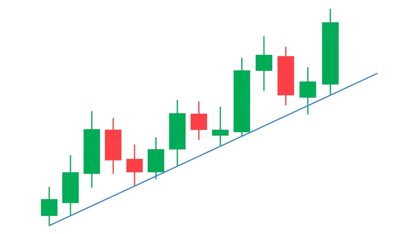 Rising candlestick uptrend with a diagonal trendline connecting three higher lows, the most recent pullback bouncing cleanly off the line
