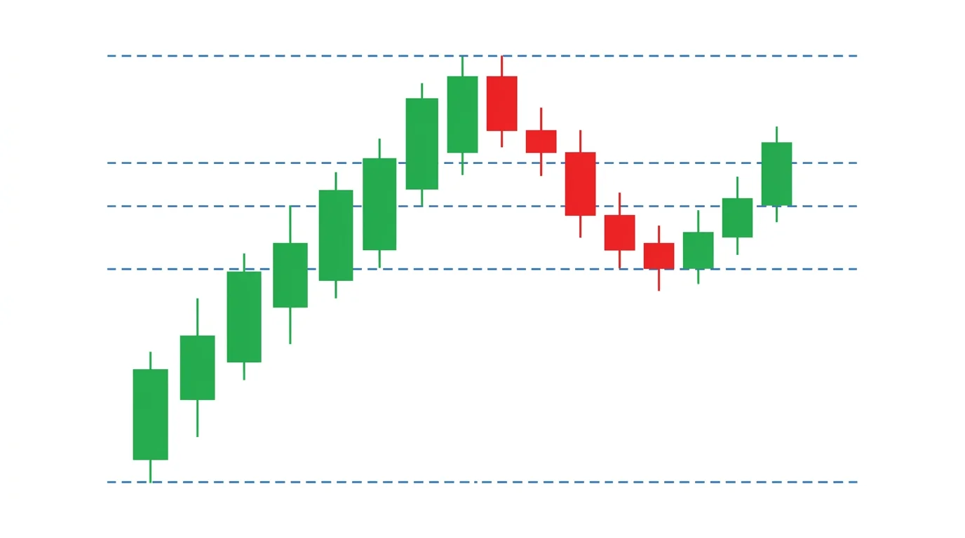 Five horizontal Fibonacci retracement lines drawn between a swing low and swing high, with a pullback candle bouncing cleanly off the 61.8 level