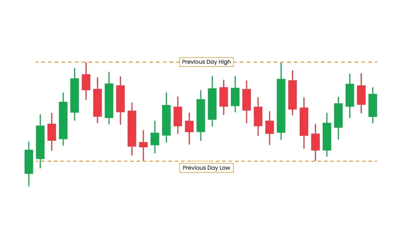 Candlestick chart with two dashed horizontal lines marking the previous day high and previous day low, with current session candles reacting at both levels