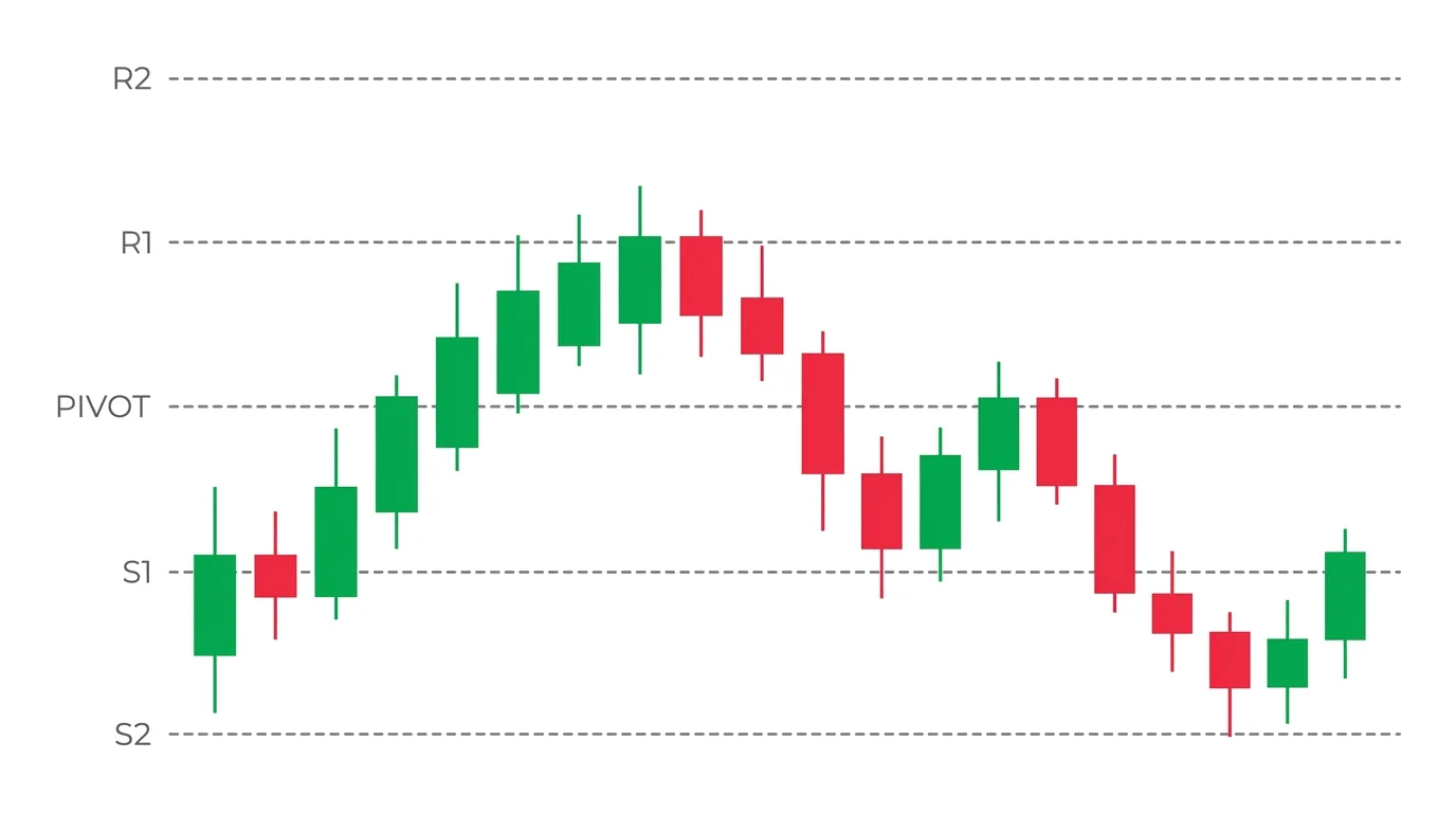 Candlestick session with five horizontal pivot point levels labelled PP, R1, R2, S1, and S2, with price reacting at each level throughout the session