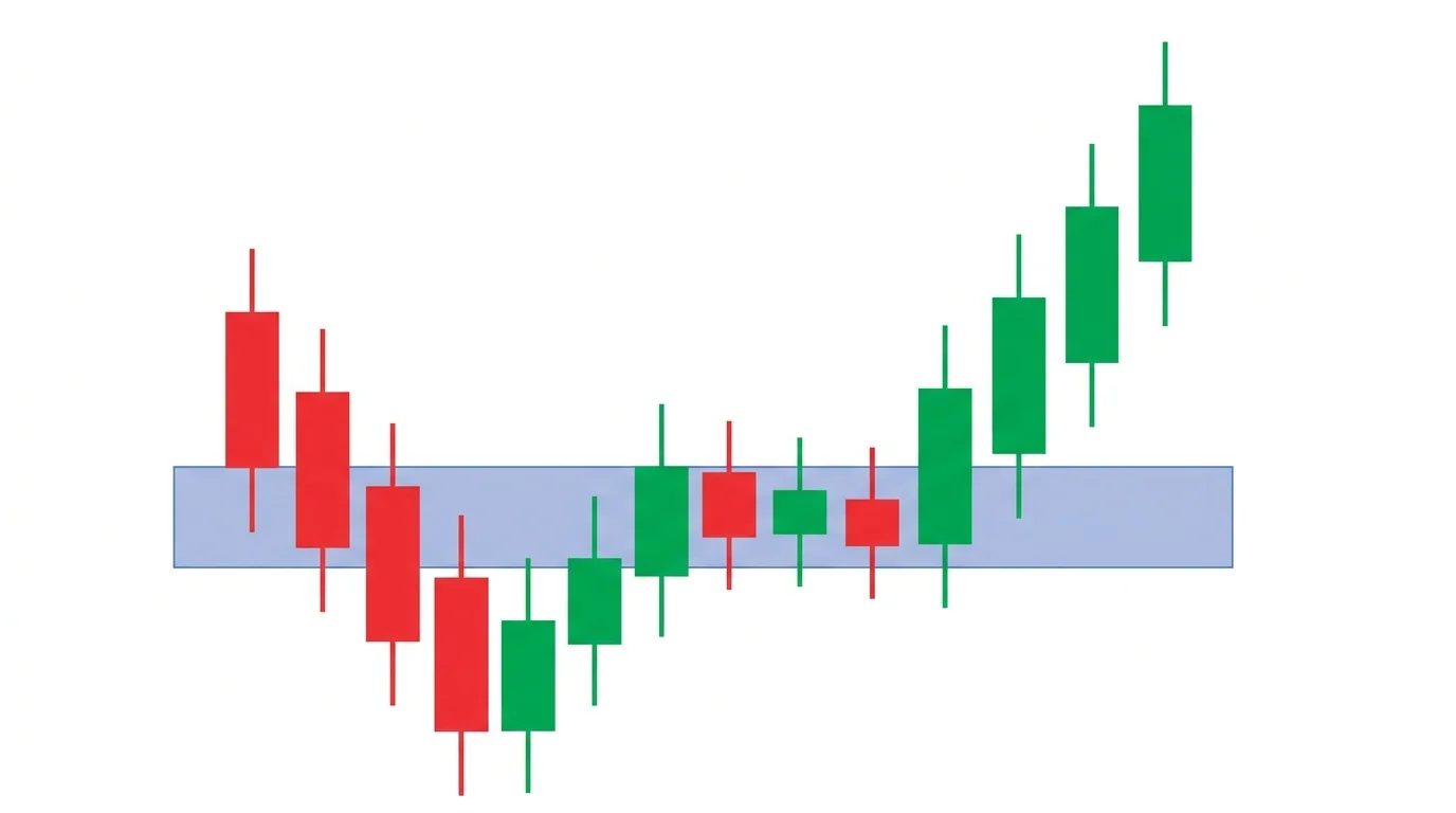 Candlestick chart with a translucent blue rectangle highlighting an order block zone below current price, the last bearish candle before a bullish impulse, acting as SMC support on a retest