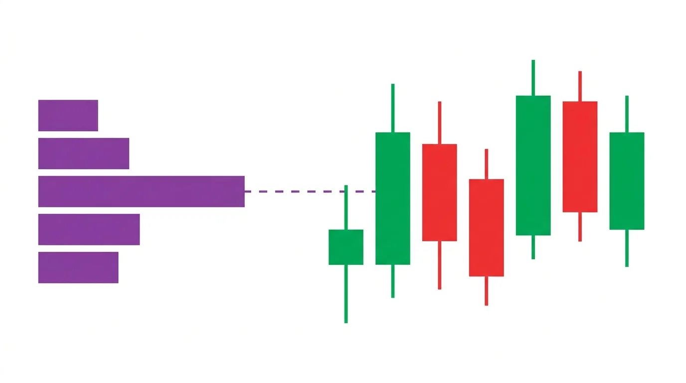 Candlestick chart with a horizontal volume profile histogram on the right side, a bold horizontal POC line extending from the widest histogram bar across the chart acting as support