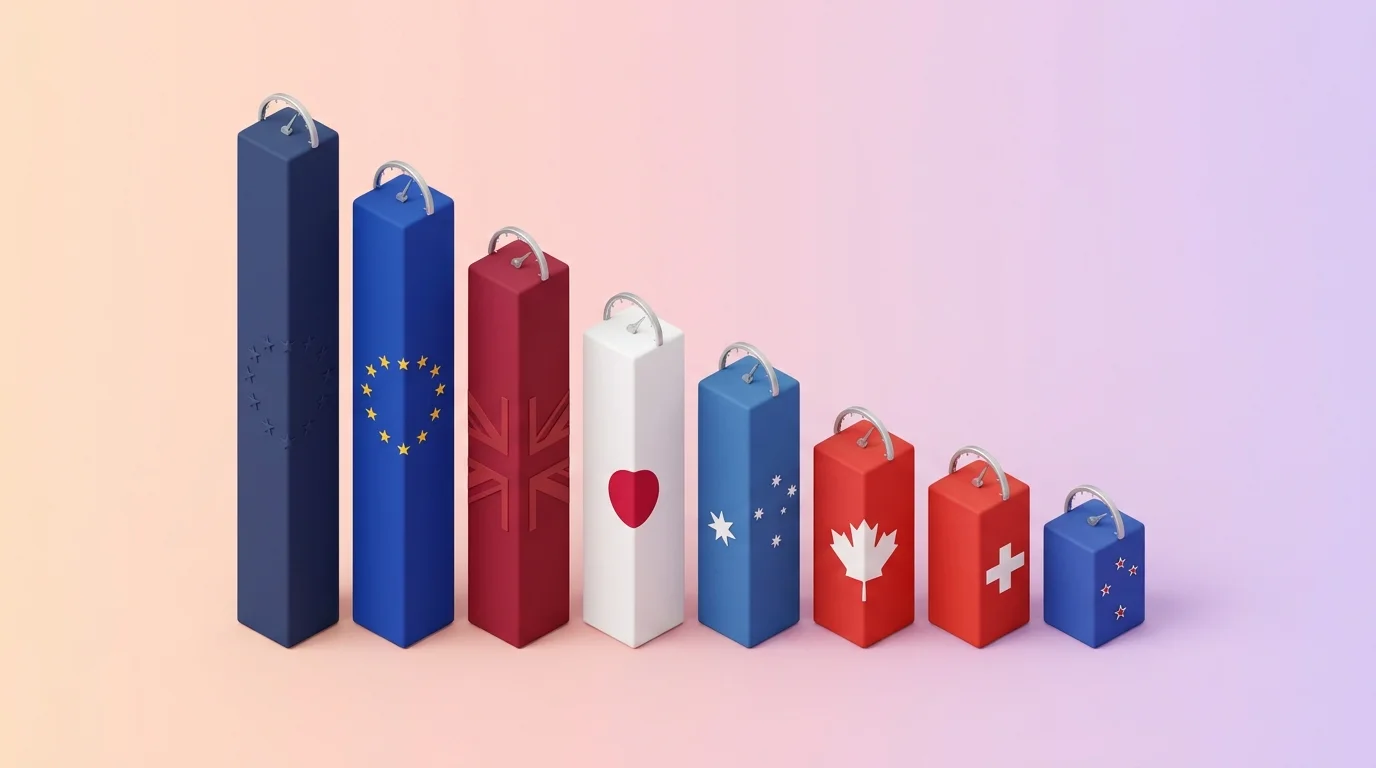 Currency strength meter guide featured image with flag-wrapped bar chart towers